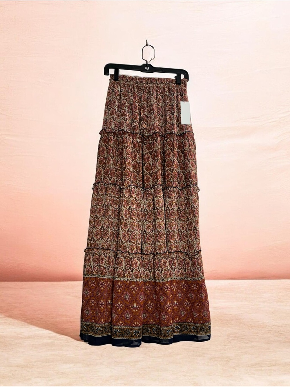 Aura Rust Paisley Tiered Maxi Skirt